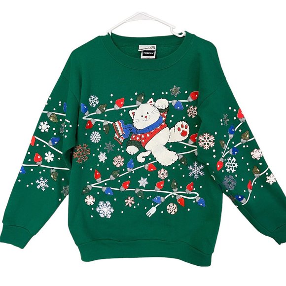 VTG 90’s MBC Tultex Ugly Christmas Cat Lights Crewneck Sweatshirt Large Green - Picture 1 of 9